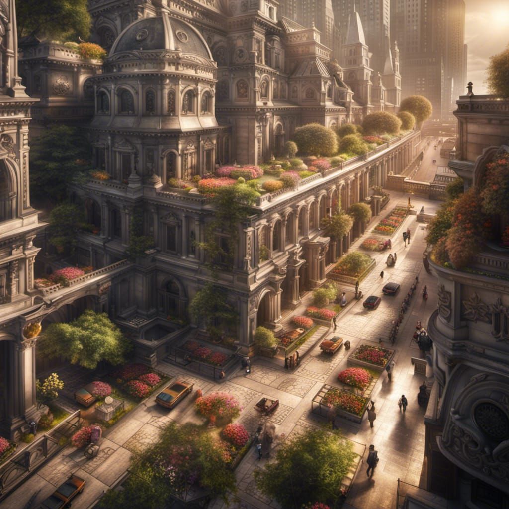 City Life Blooms in Architectural Monument: Digital Painting