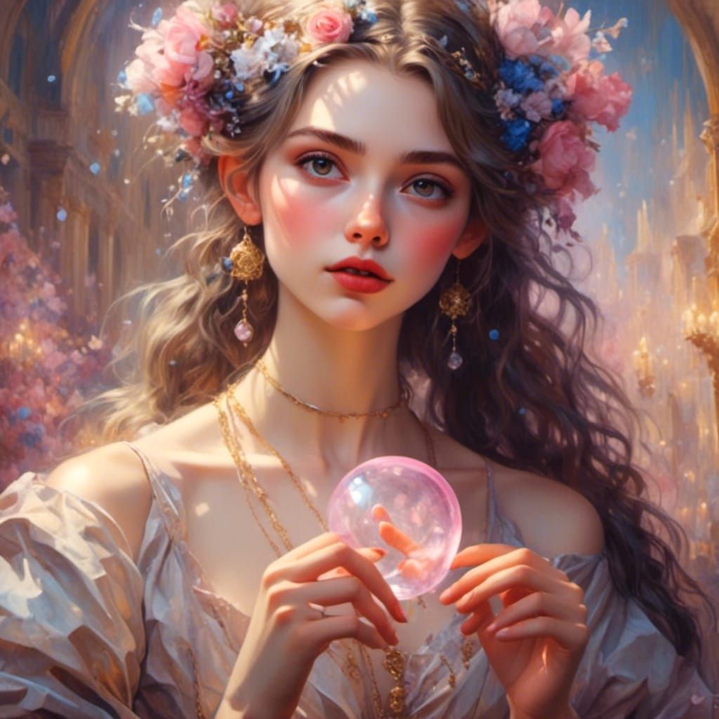 Woman Blowing Bubble Heart in Photorealistic Style