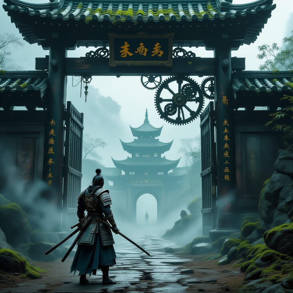 Samurai Warrior at Steampunk Temple Gate in Mist