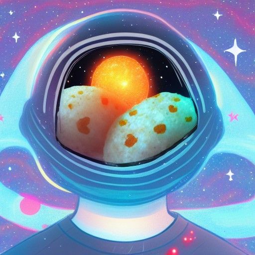 Astral Cosmic Illustration: Person Eating Onigiri in Space