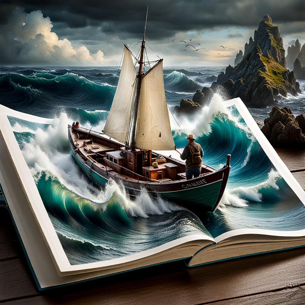 fisherman in a boat, by artist “pop up book “ ultra realistic, life like, sharp, perfect picture, in vivid colours, in t...