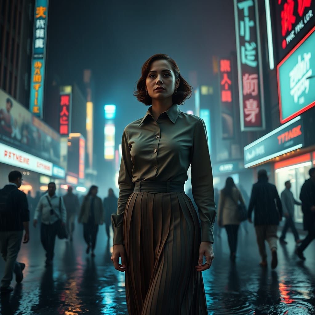 Woman in Rain-Soaked Cyberpunk Street, Vintage Photo