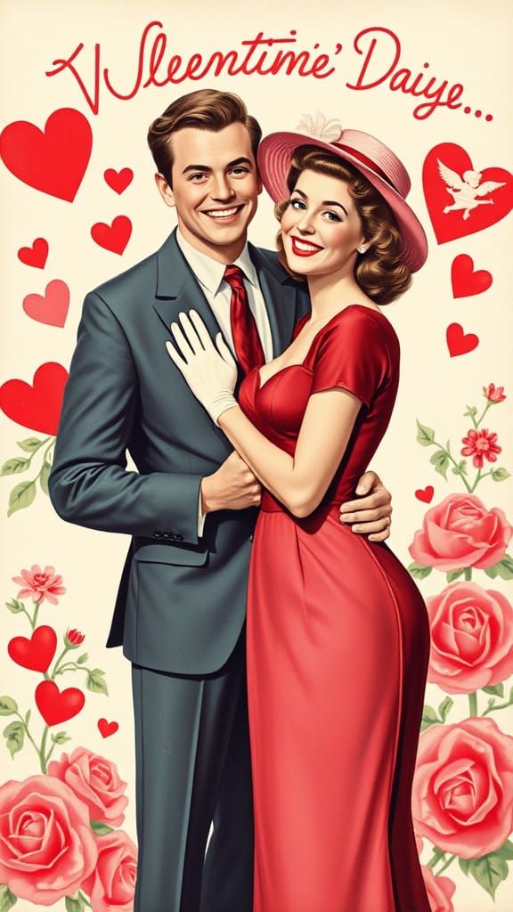 Cheerful 1950s Couple on Vintage Valentine's Day Card Backdr...