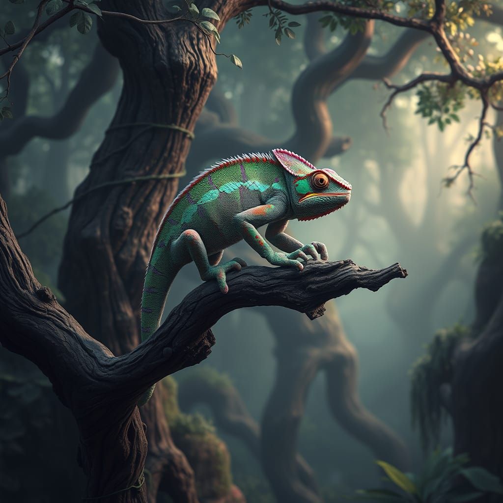 Majestic Chameleon in Primeval Forest Fantasy