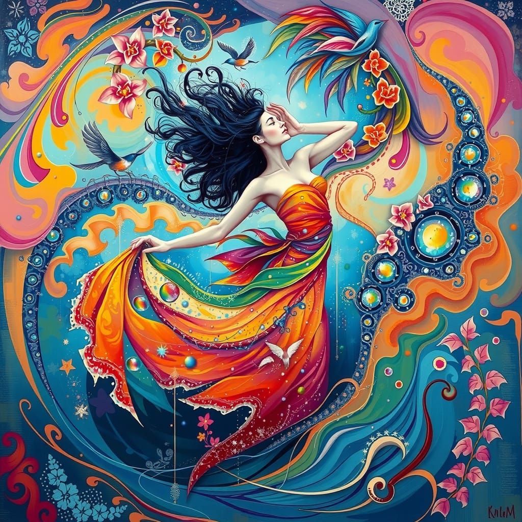 Feminine Goddess Emanates Vibrant Energy in Whimsical, Expre...