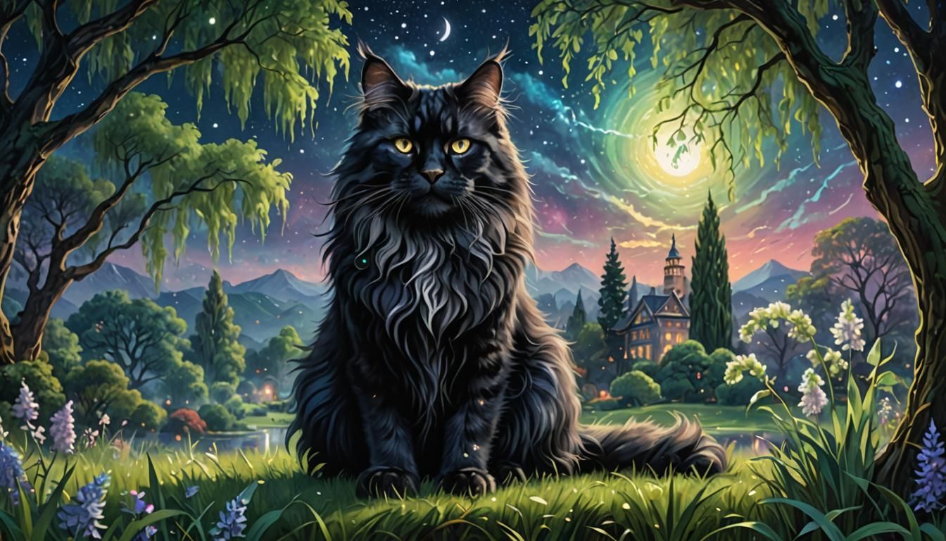 Majestic Black Cat in Ethereal Meadow Illustration