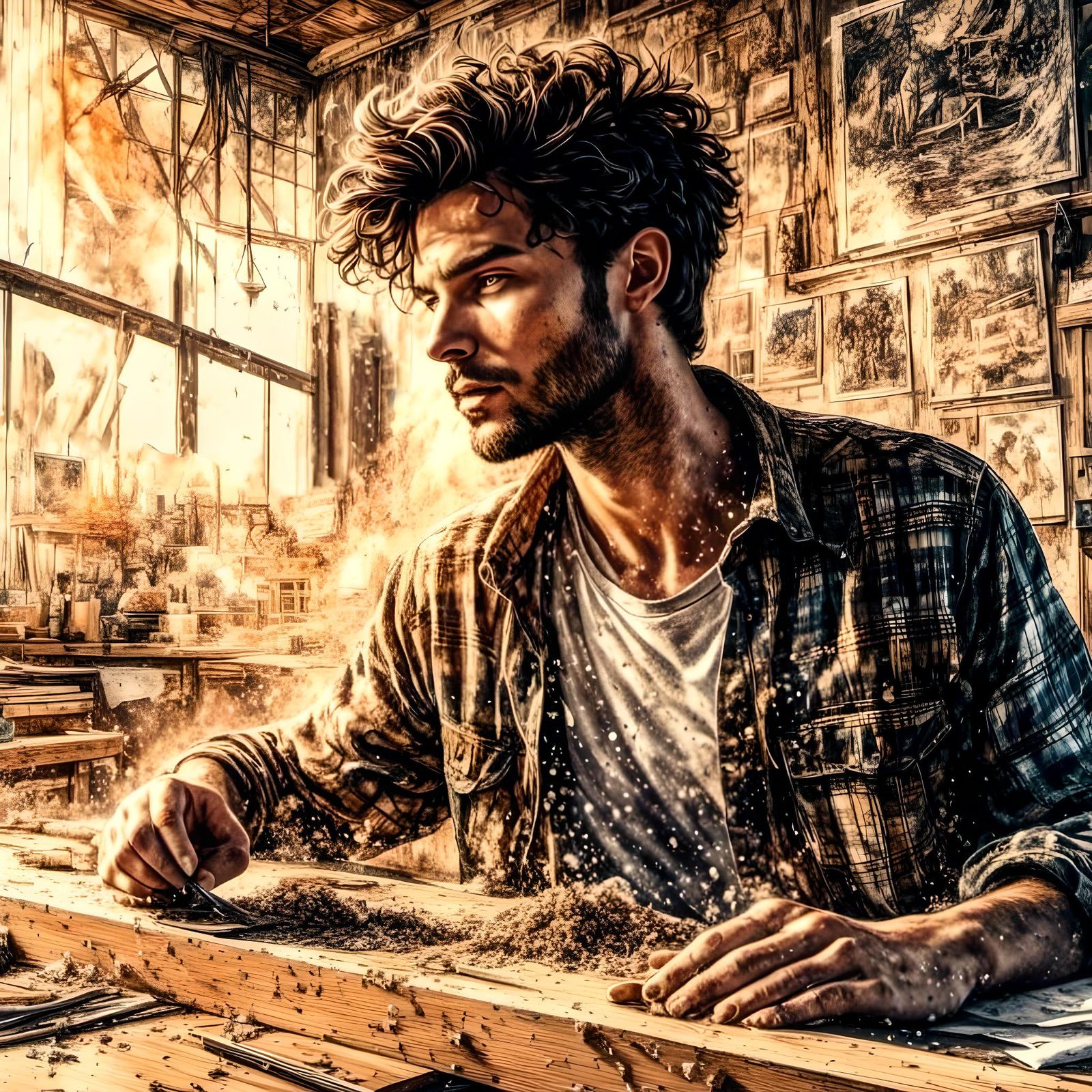 Young Carpenter in Sunlit Workshop, Hyperrealistic Ink Art