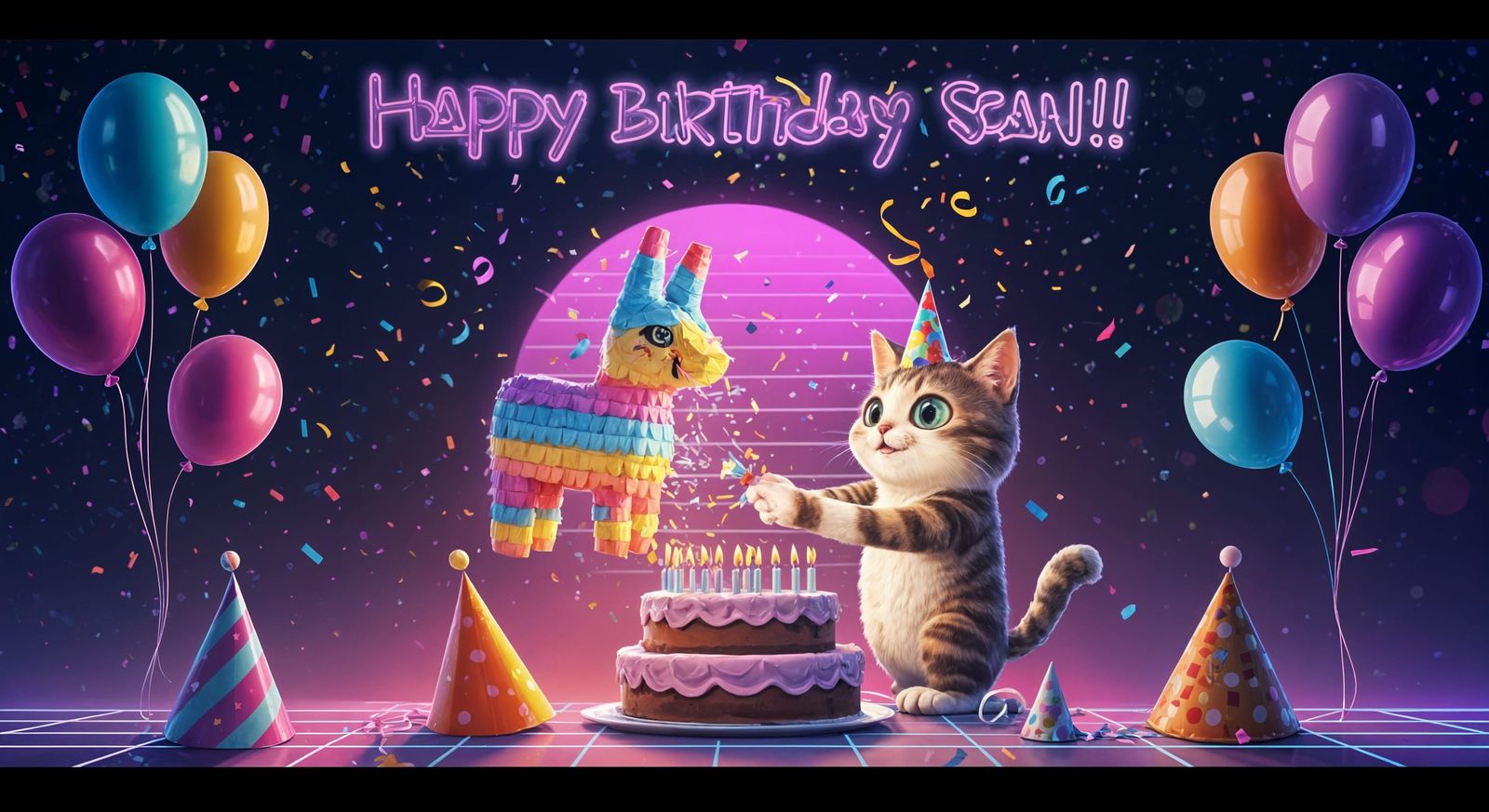 Whimsical Birthday Party with Cat and Confetti in Synthwave ...