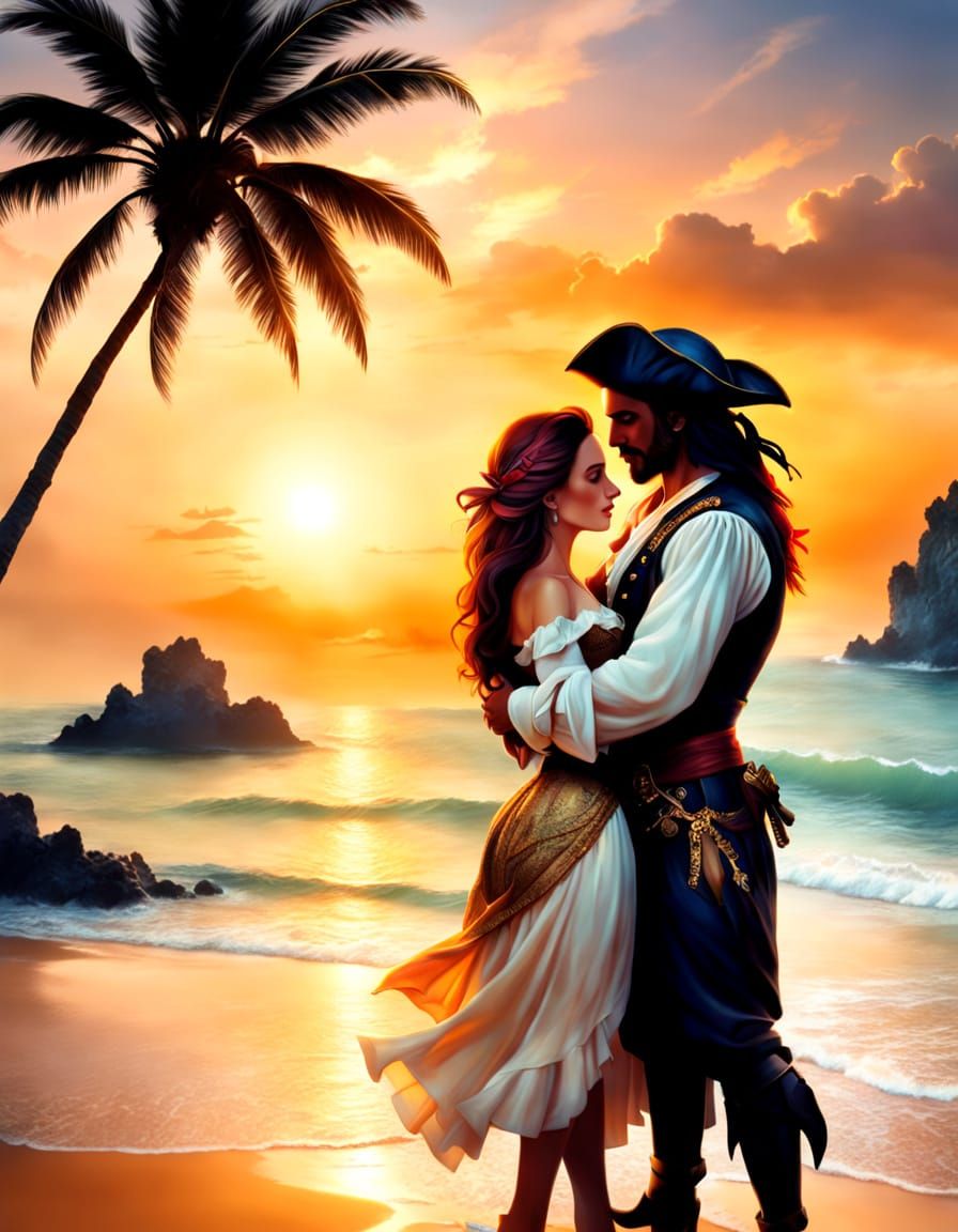 Romantic Pirate's Sunset Embrace