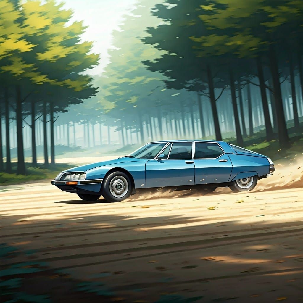 Citroën SM Drifting on Forest Beach in Anime Style