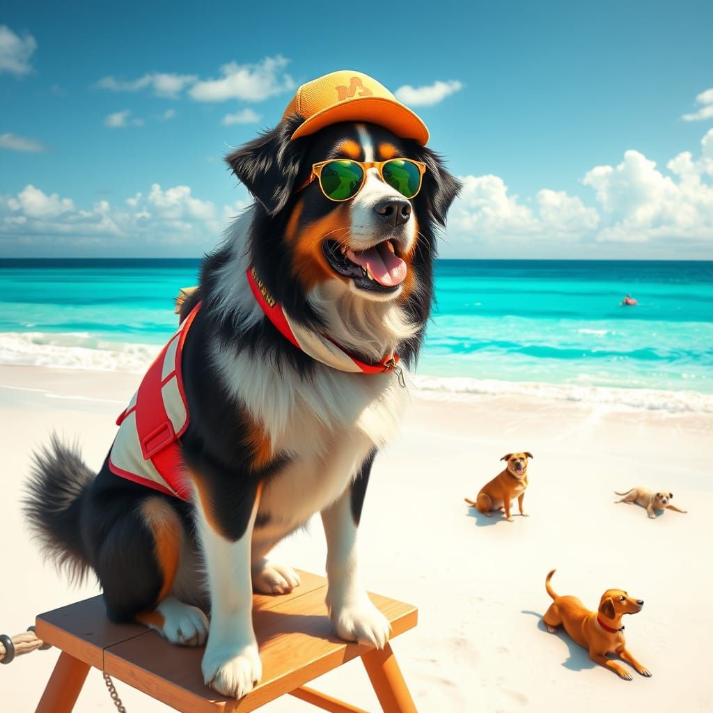 Realistic Bernese Mountain Dog in Lifeguard Gear on Sunny Be...