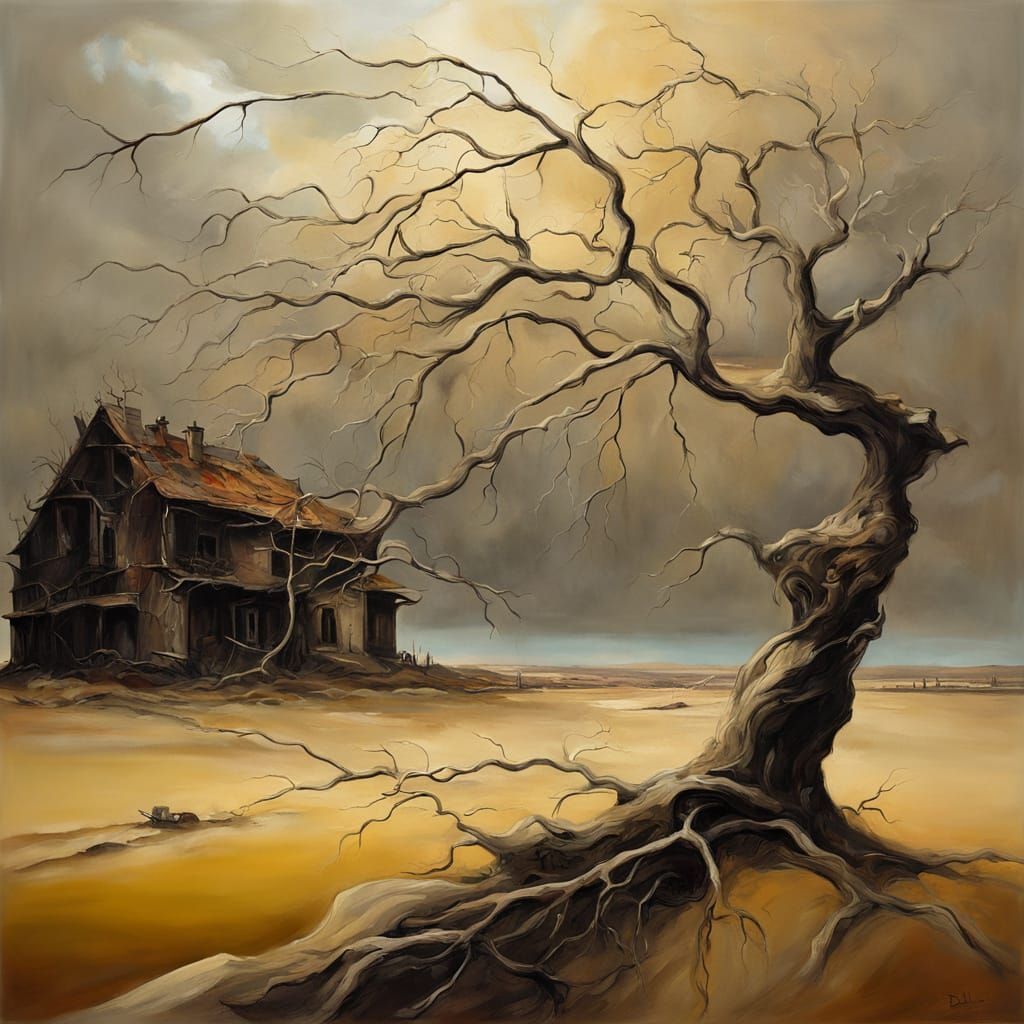 Surreal Elm Tree with Symbols of Hope and Unrest