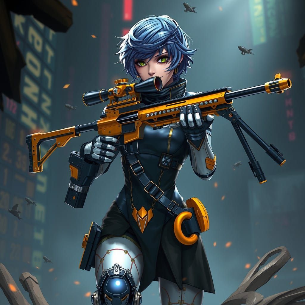 Metallic Blue Haired Cyber Warrior in Futuristic Distopian L...