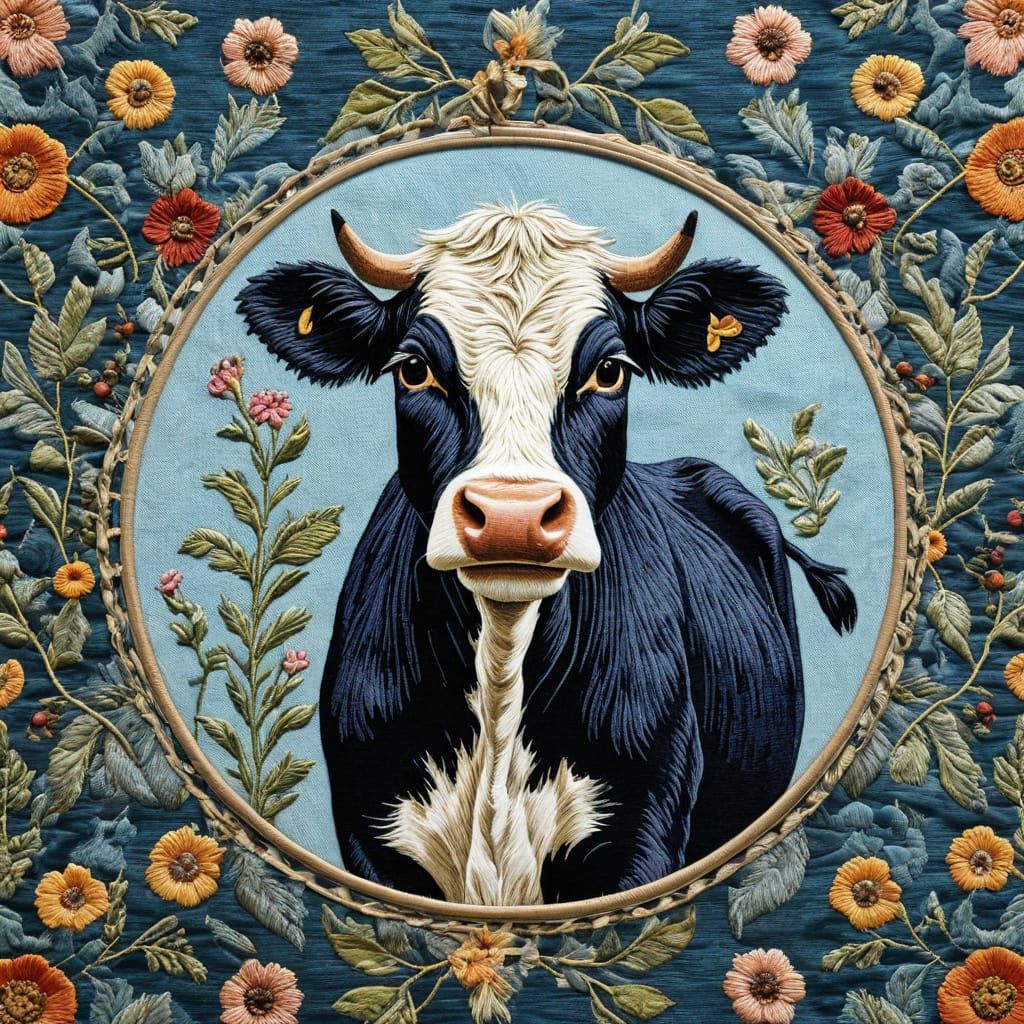 Silk Fabric made Embroidery floral cow in the design of tape...