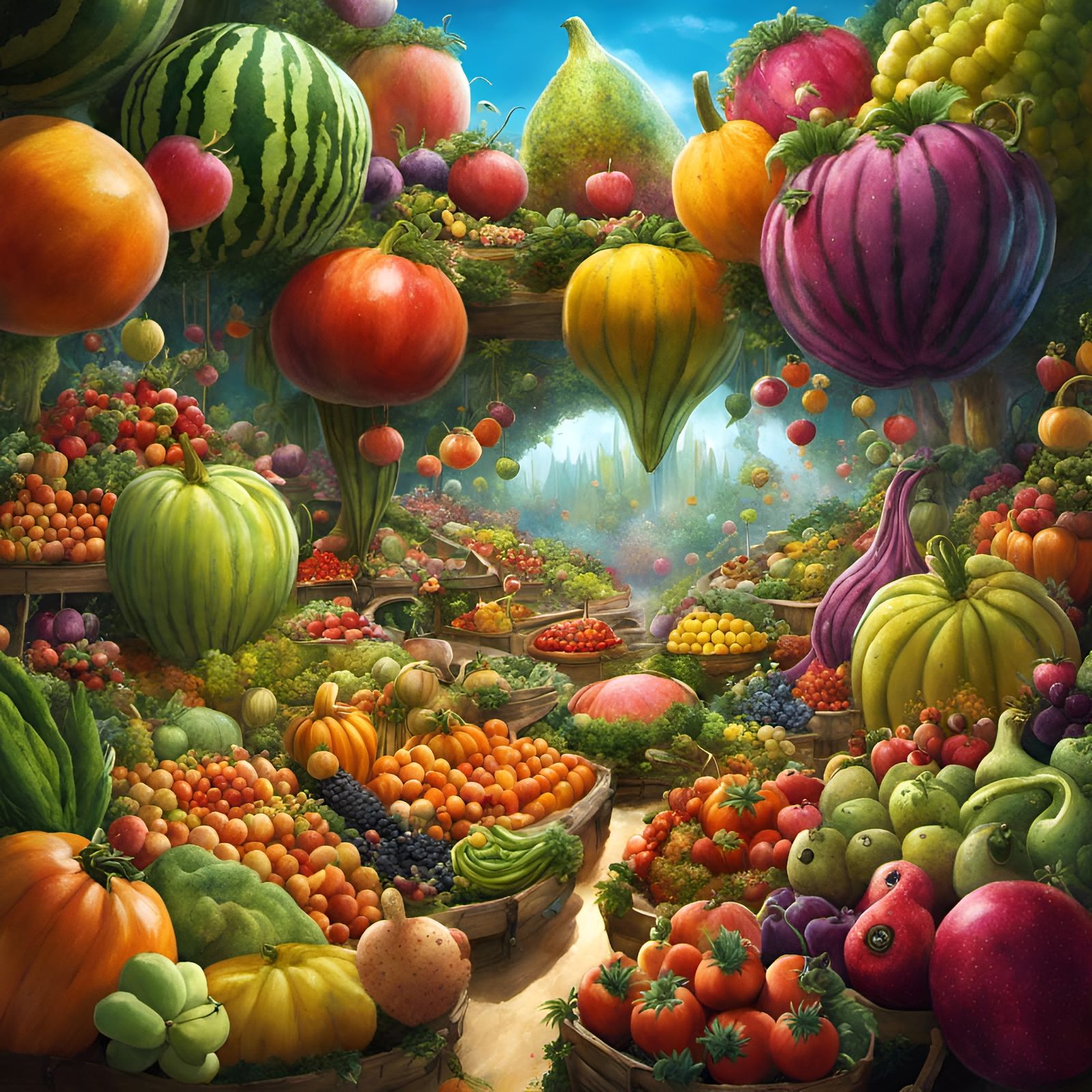 Surreal Gigantic Produce Market with Fairycore Characters