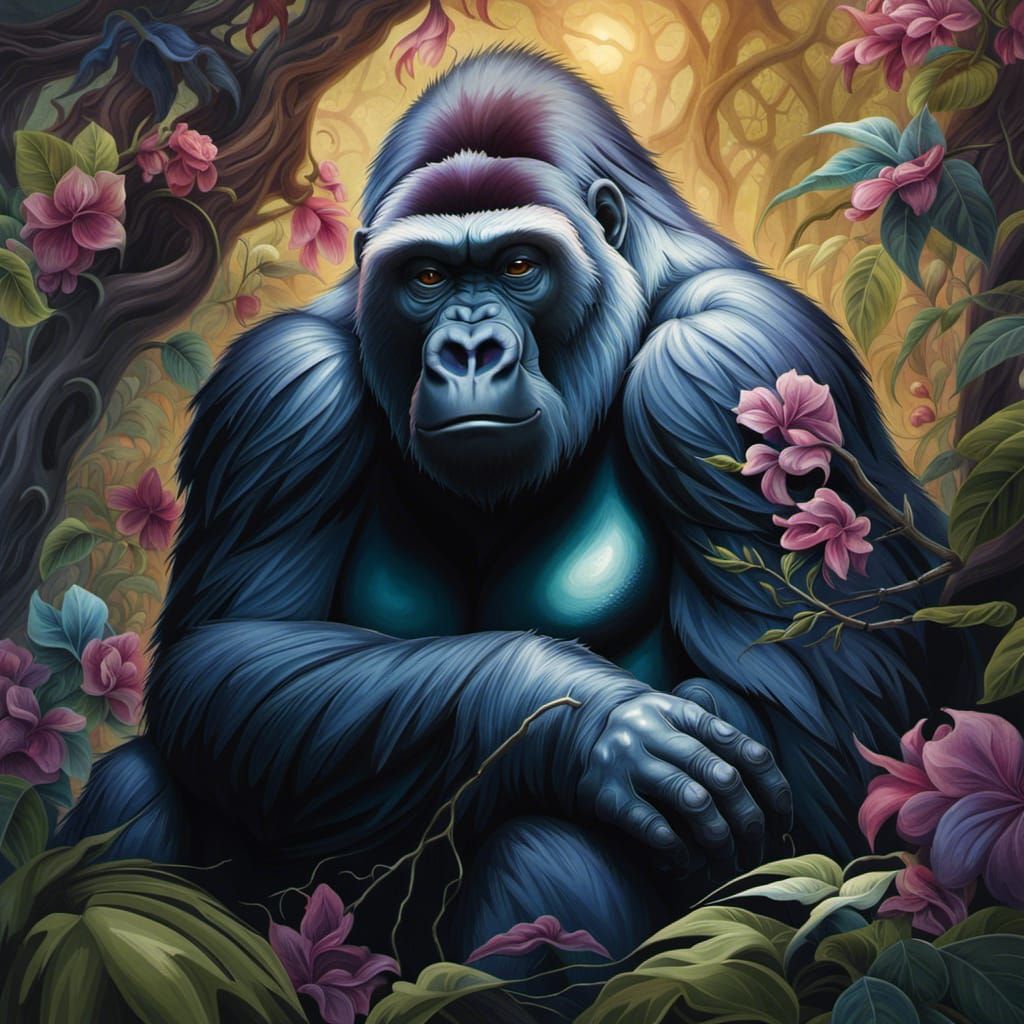 Detailed Gorilla Under Tree in Vibrant Colors