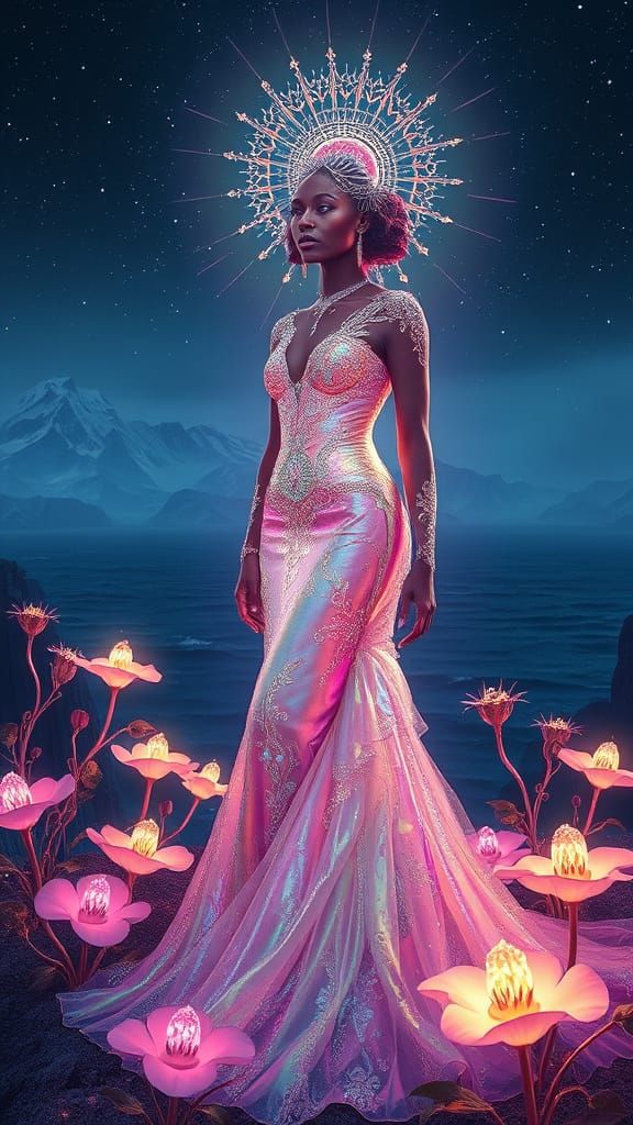Mystical Oceanic Goddess in Ethereal Gown with Ghost Flowers...