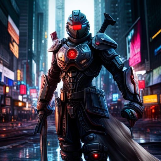 Cyberpunk Knight in Combat: Hyperrealistic HDR Image