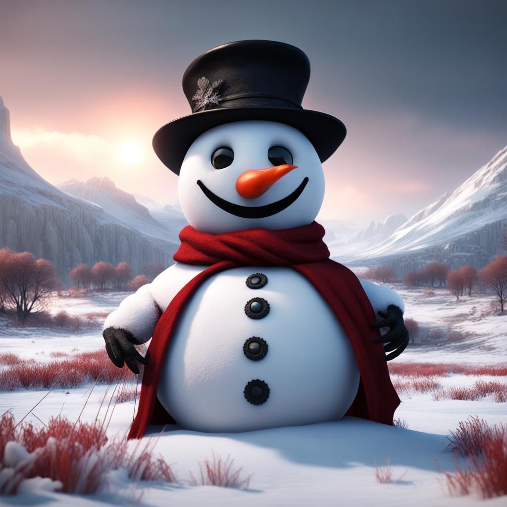 Friendly Snowman in Snowy Field: Fantasy Concept Art
