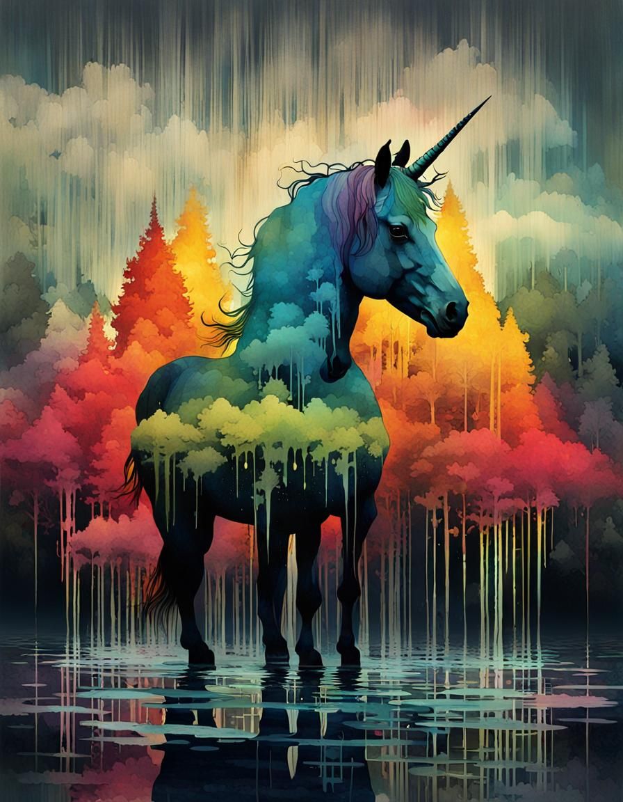 Unicorn in Rainbow Rain: Double Exposure Art