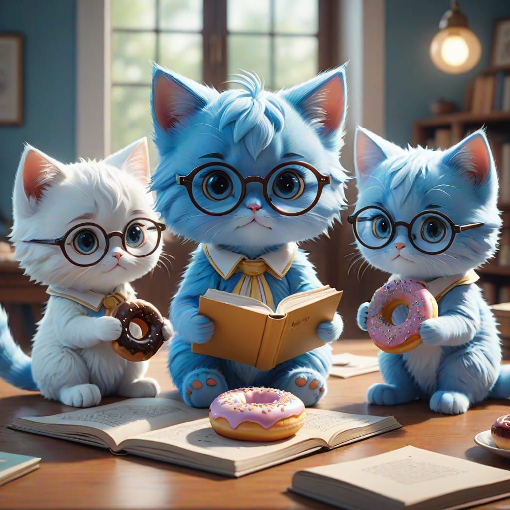 Whimsical Pastel Anime Scene with Blue Kitten and Bookworms