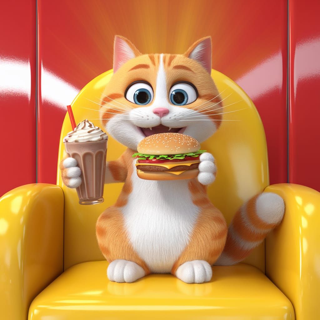 Vibrant Orange Tabby Cat Savoring Treats in a Bright Red Roo...