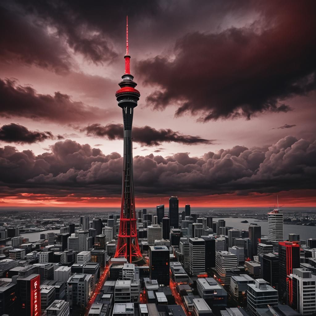 Eerie Auckland Sky Tower in Dystopian Cityscape