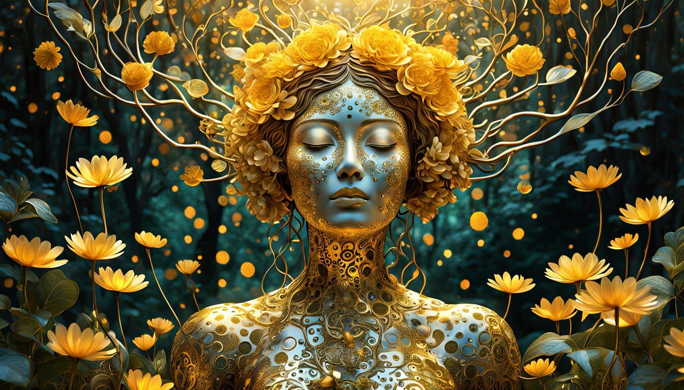Golden Goddess of Blooming Florals and Whispers of the Seaso...
