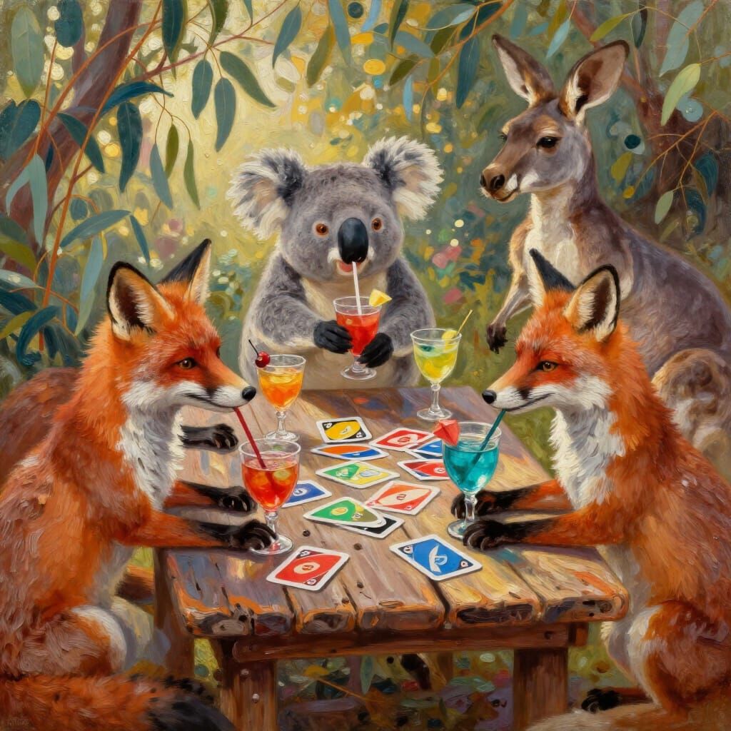 Whimsical Oil Painting of Animals Playing Uno and Drinking C...