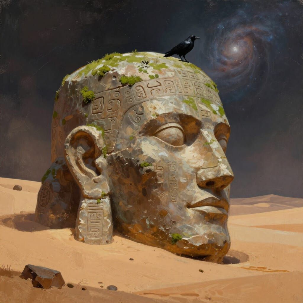 Mossy Stone Head on Desert Planet Gazing at Nebula