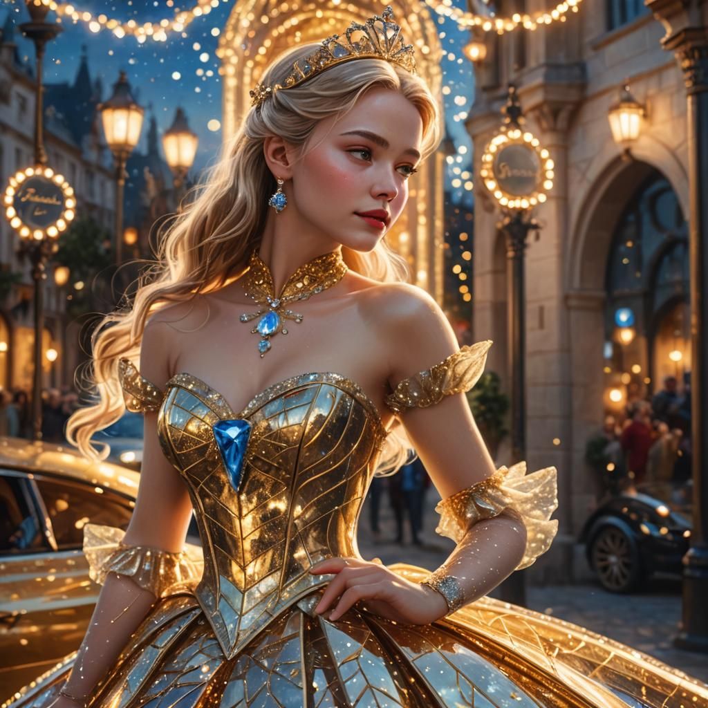 Cinderella in Glass Dress Beside Golden Tesla