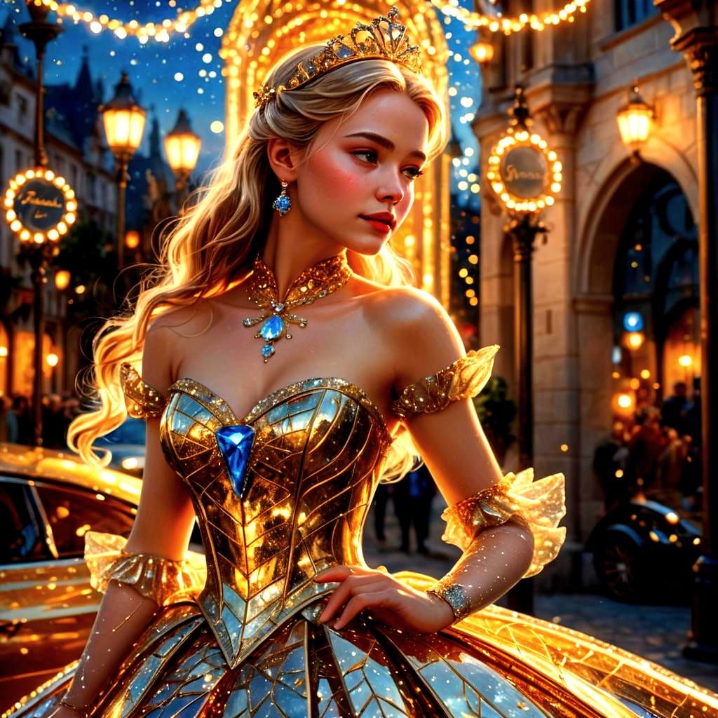 Hyperrealistic Cinderella in Glass Dress with Golden Tesla