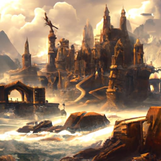 Colossal Wave Flooding Ancient Fantasy City