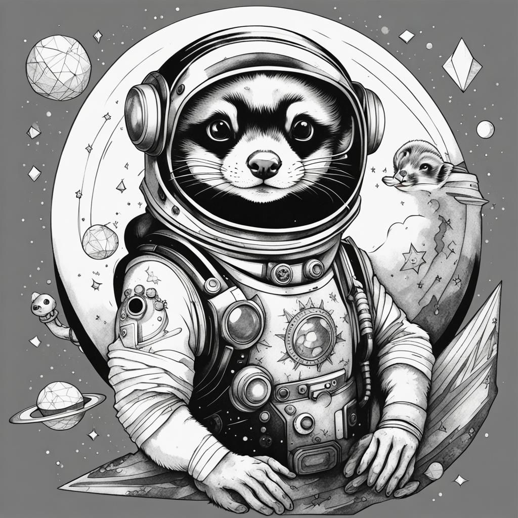 Neo-Traditional Ferret Space Explorer Tattoo Design
