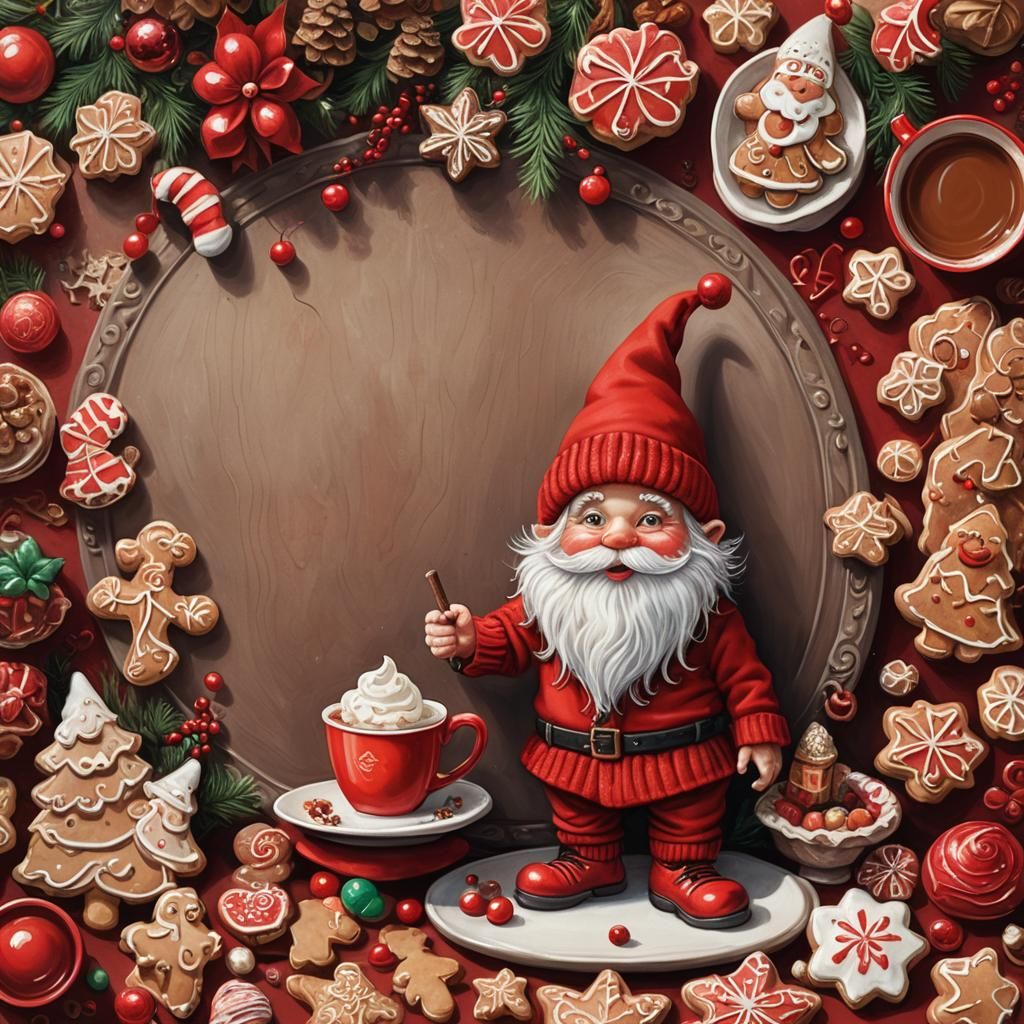 Festive Red Gnome with Cocoa and Christmas Cookies