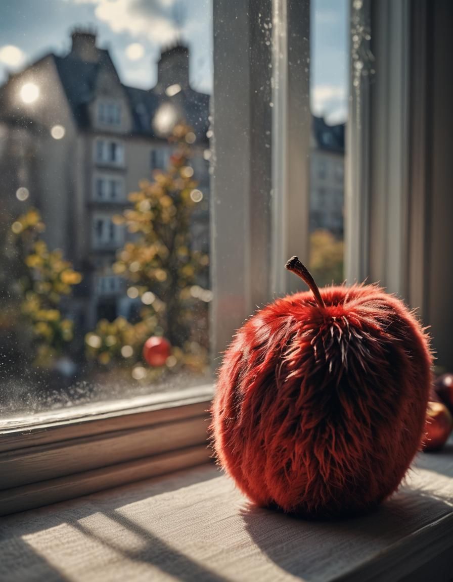 Fuzzy Red Apple Soft Toy on Windowsill