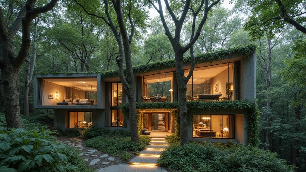 Eco-Futuristic Treehouse in Cyberpunk Style