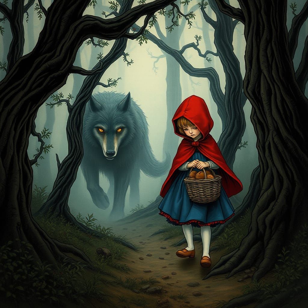 Little Red Riding Hood in Dark Fairy Tale Forest