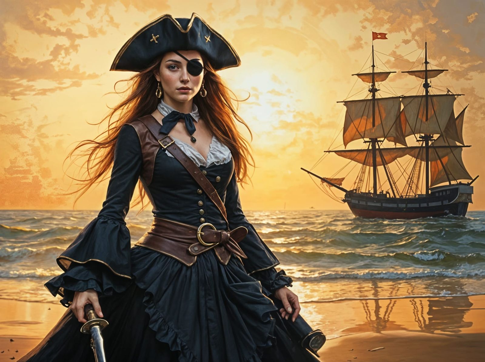 Elegant Pirate Maiden at Sunset