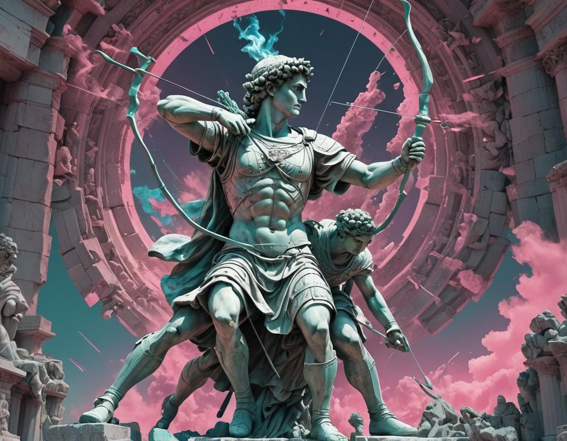 Vaporwave Archer Greek Statue Double Exposure