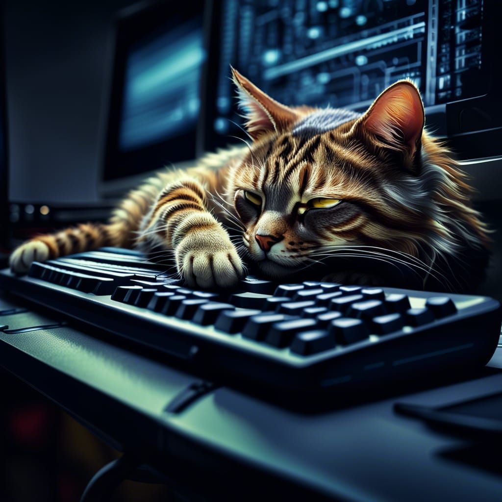 Cat Nap on Keyboard: Hyperrealistic Digital Art