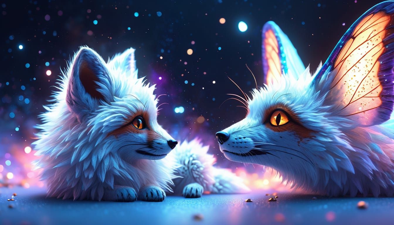 Fluffy Moth-Fox Hybrid with Galaxy Wings, 3D Render