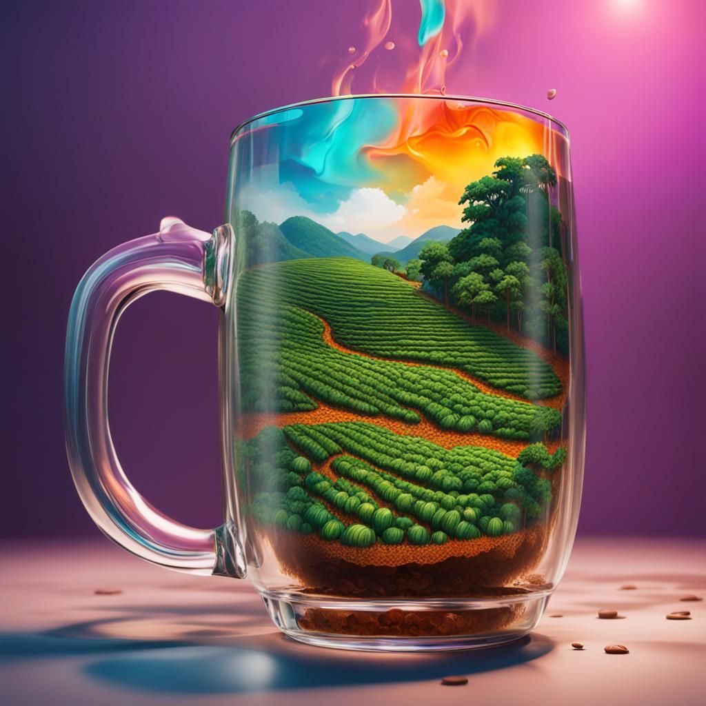 Hyperrealistic Coffee Plantation in Glass Mug