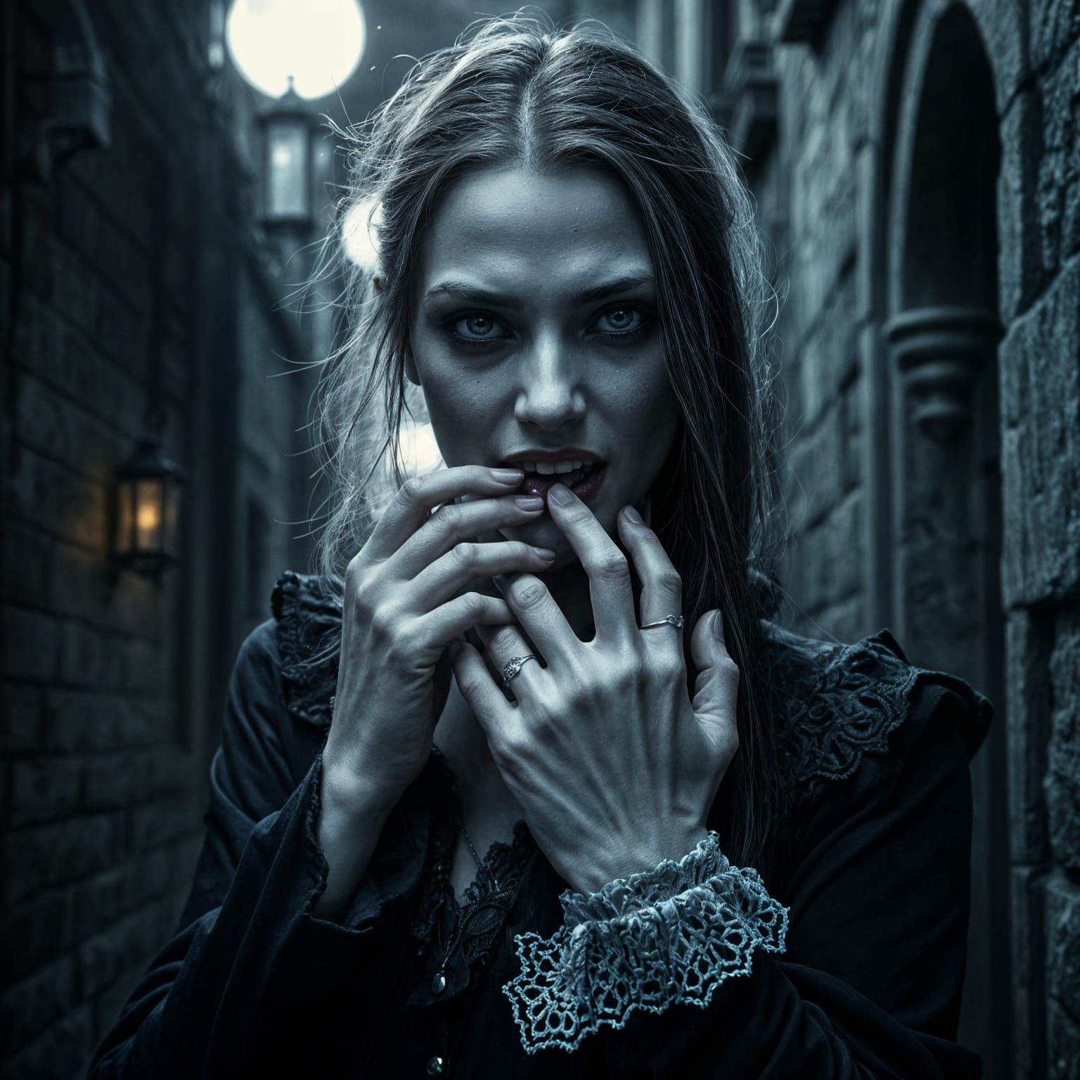Vampire in Dark Alleyway Inspired by Gothic Art