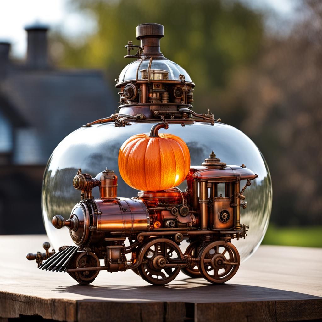 Steampunk Locomotive Inside Glass Pumpkin