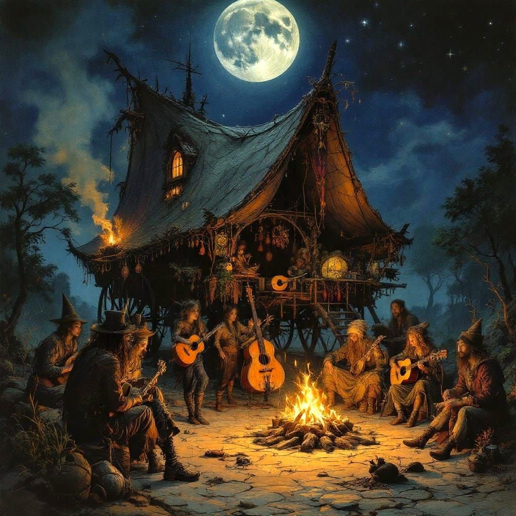 Whimsical Gypsie Wagon and Musicians in a Mystical Campfire ...