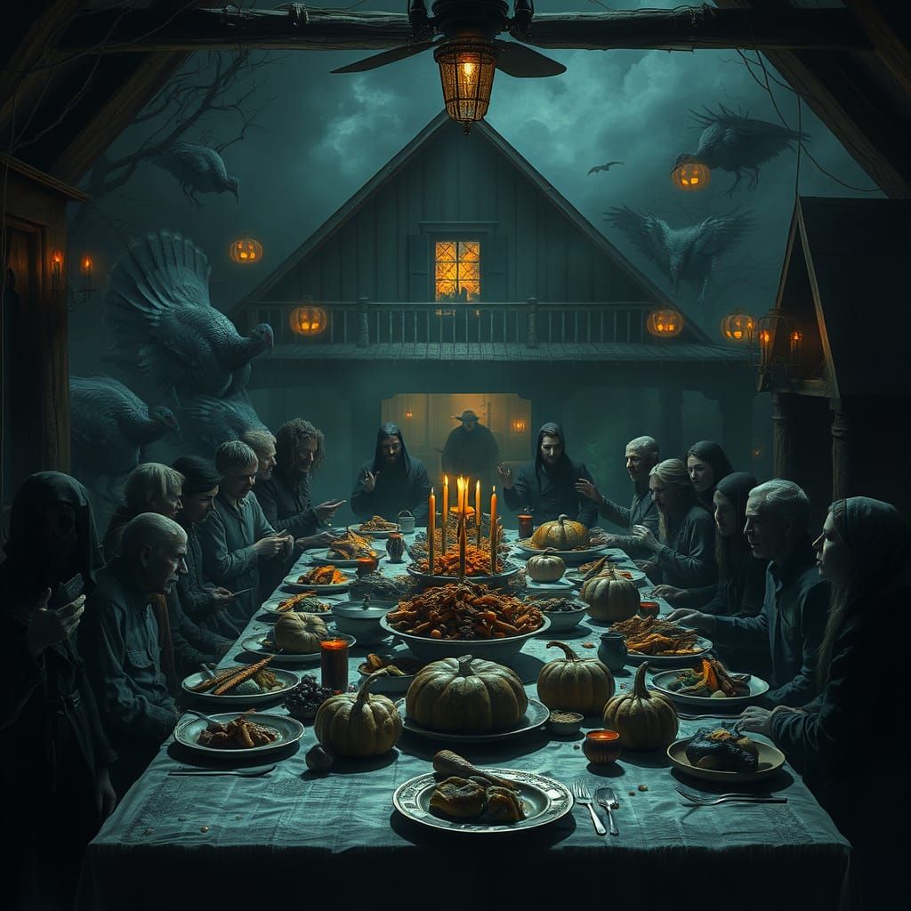 Eerie Thanksgiving Farmhouse Scene with Spectral Turkeys