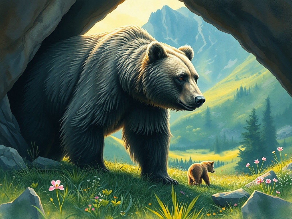 Grizzly Bear Emerges into Sunlit Valley, in Watercolour Styl...