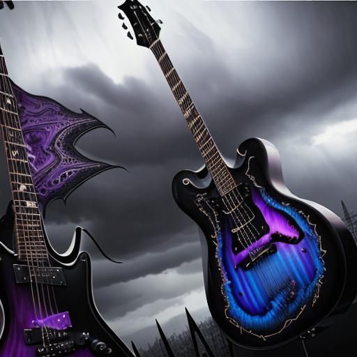 Beautiful black guitar with purple accents&  hyperdetailed gothic art digital art 8K resolution thunderstorm colorful my...