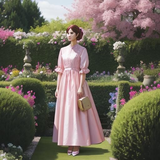 Woman in Pink Silk Dress in Garden